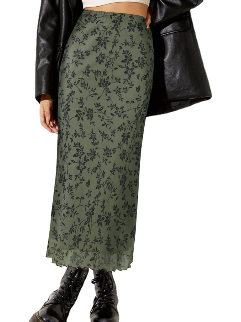 Women's Ditsy Floral High Waisted Skirts Lettuce Trim Summer Fall Boho Midi Skir